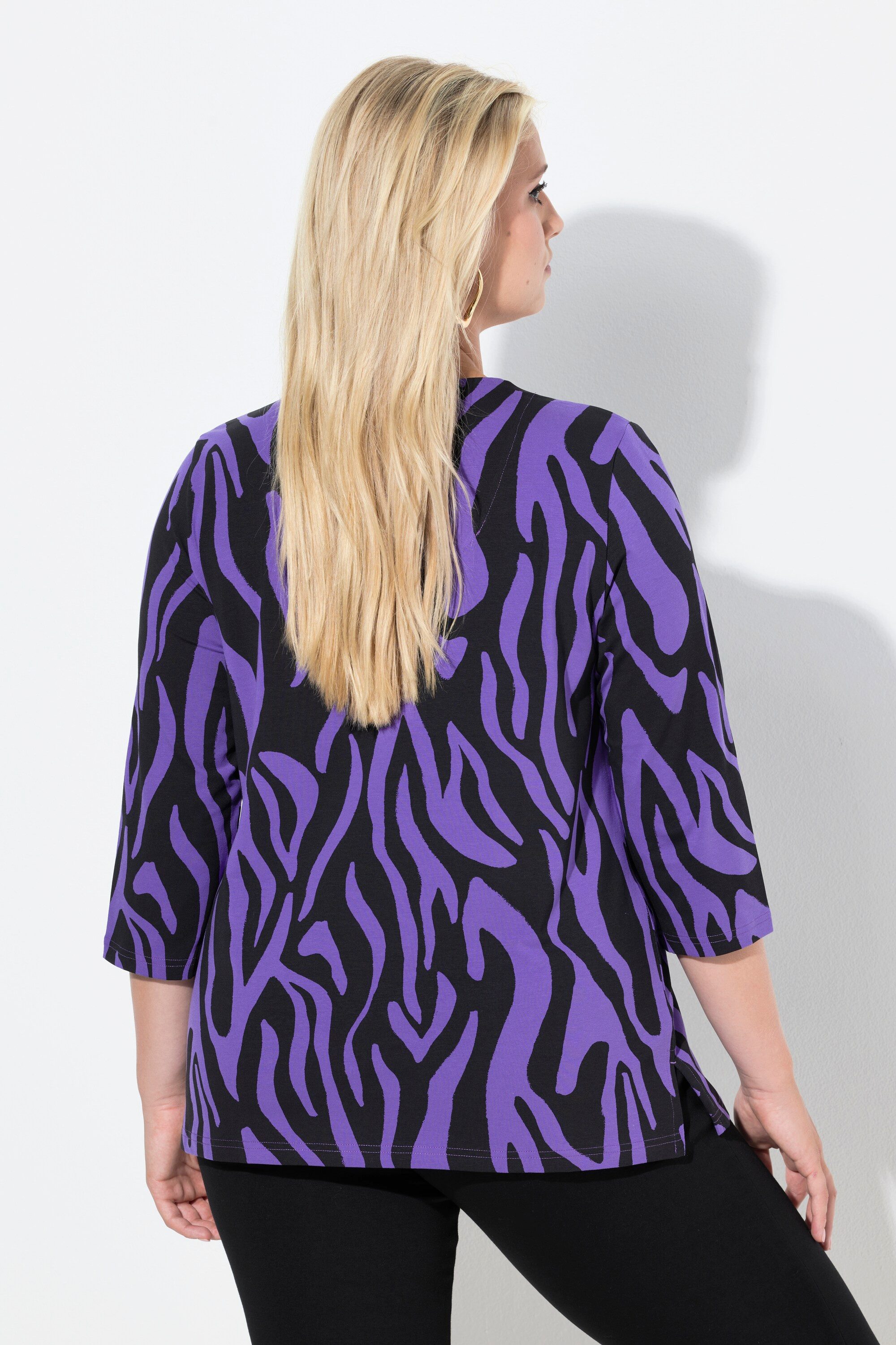 Ulla Popken T-Shirt Shirt Zebramuster Classic V-Ausschnitt 3/4-Arm