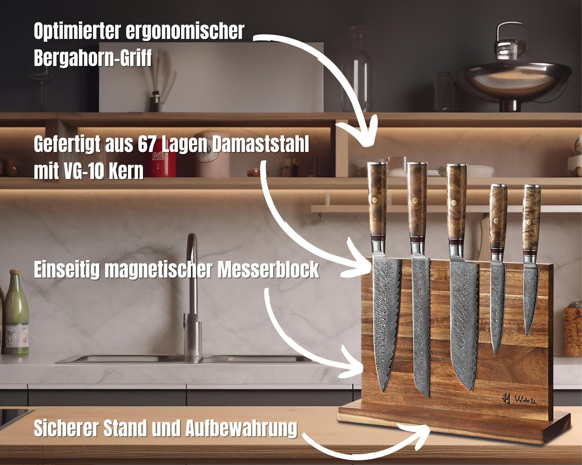 Wakoli Magnet-Messerblock Culinary Sycamore I magnetischer & Küchenmesser 5 Messerblock