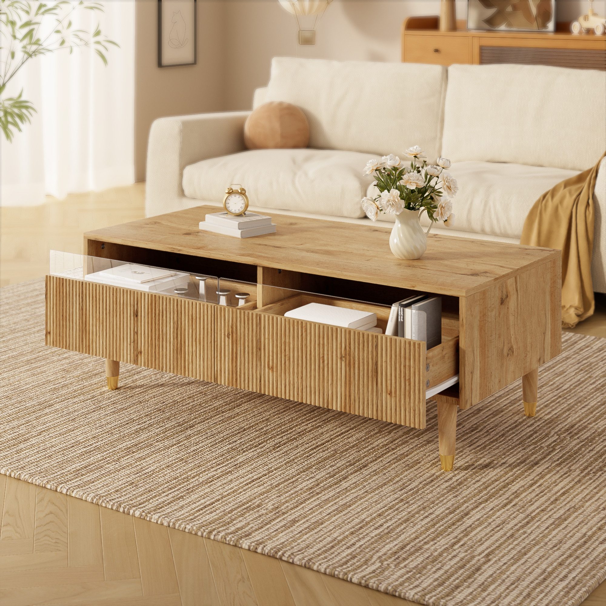 REDOM Couchtisch mit 2 große Schubladen aus Acryl mit Wellenstruktur (Beistelltisch, Sofatisch, 1-St., gold-holzfarbene Beine), mit gewellte Schubladenplatte
