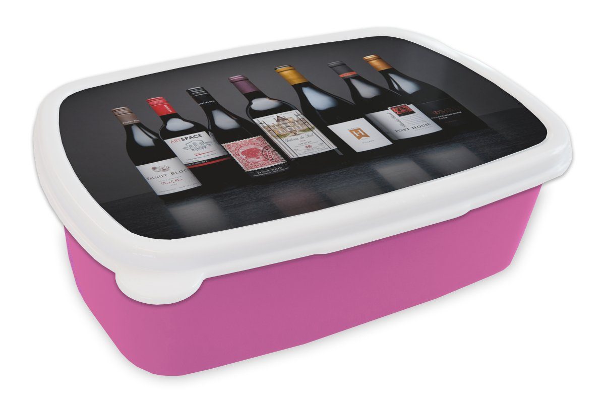 MuchoWow Lunchbox Flaschen - Alkohol - Wein, Kunststoff, (2-tlg), Brotbox für Erwachsene, Brotdose Kinder, Snackbox, Mädchen, Kunststoff rosa