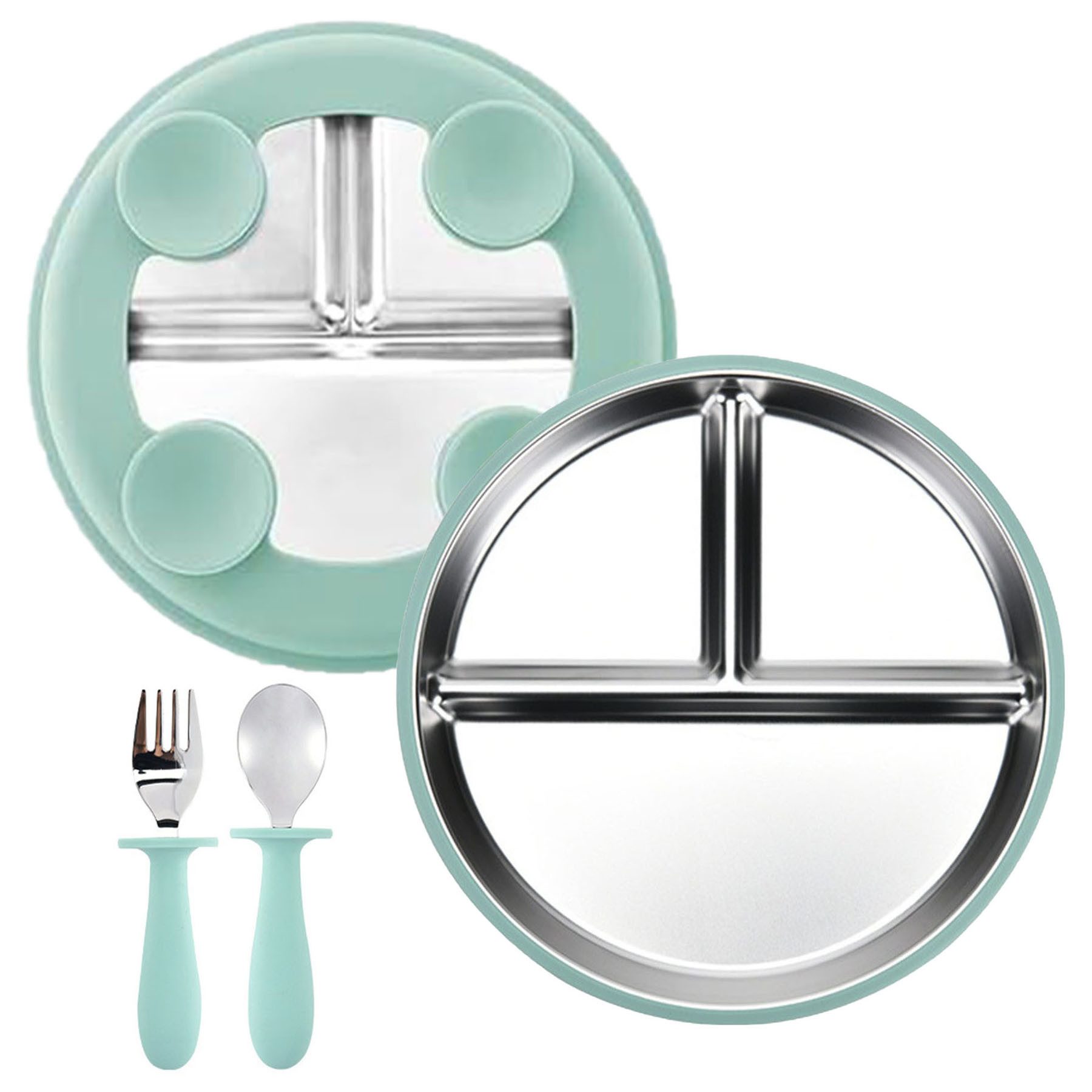 Mutig Kindergeschirr-Set 3 Stück Edelstahl Baby Teller mit Silikon Saugnapf mit Löffeln&Gabeln, 1 Personen, Spülmaschinenfest & BPA Frei mit Unterteilung,Für Kinder geeignet