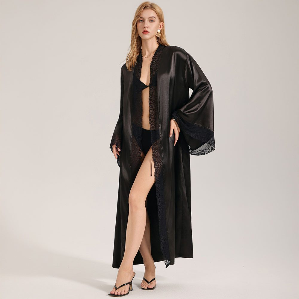 Vivi Idee Morgenmantel Bademantel, Schlafmantel lang Größe L, Bindegürtel, mit Spitzenrand, seidig, satin, Sauna