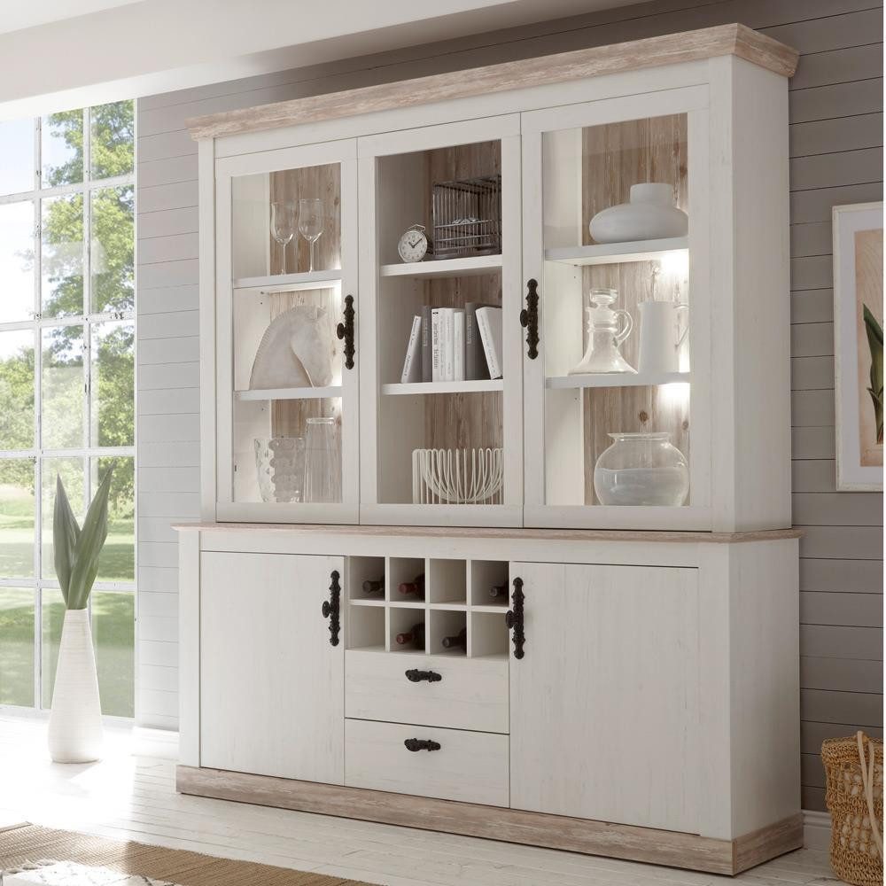 Lomadox Buffet FERNA-61 Pinie weiß und Oslo dunkel Nb. inkl. LED 184x205x44 günstig online kaufen