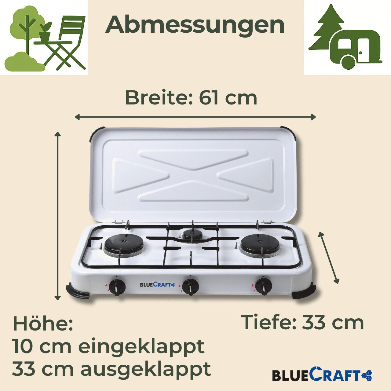 BlueCraft Gaskocher 3 flammig mit Zündsicherung 50mbar Propan Gas Campingkocher 5,25 kW, (mit Schlauch 100 cm und Gas Regler Druckminderer mit Manometer), Camping Gas Kocher 3 flammen für Gasflasche Gasherd Gas-Kochfeld