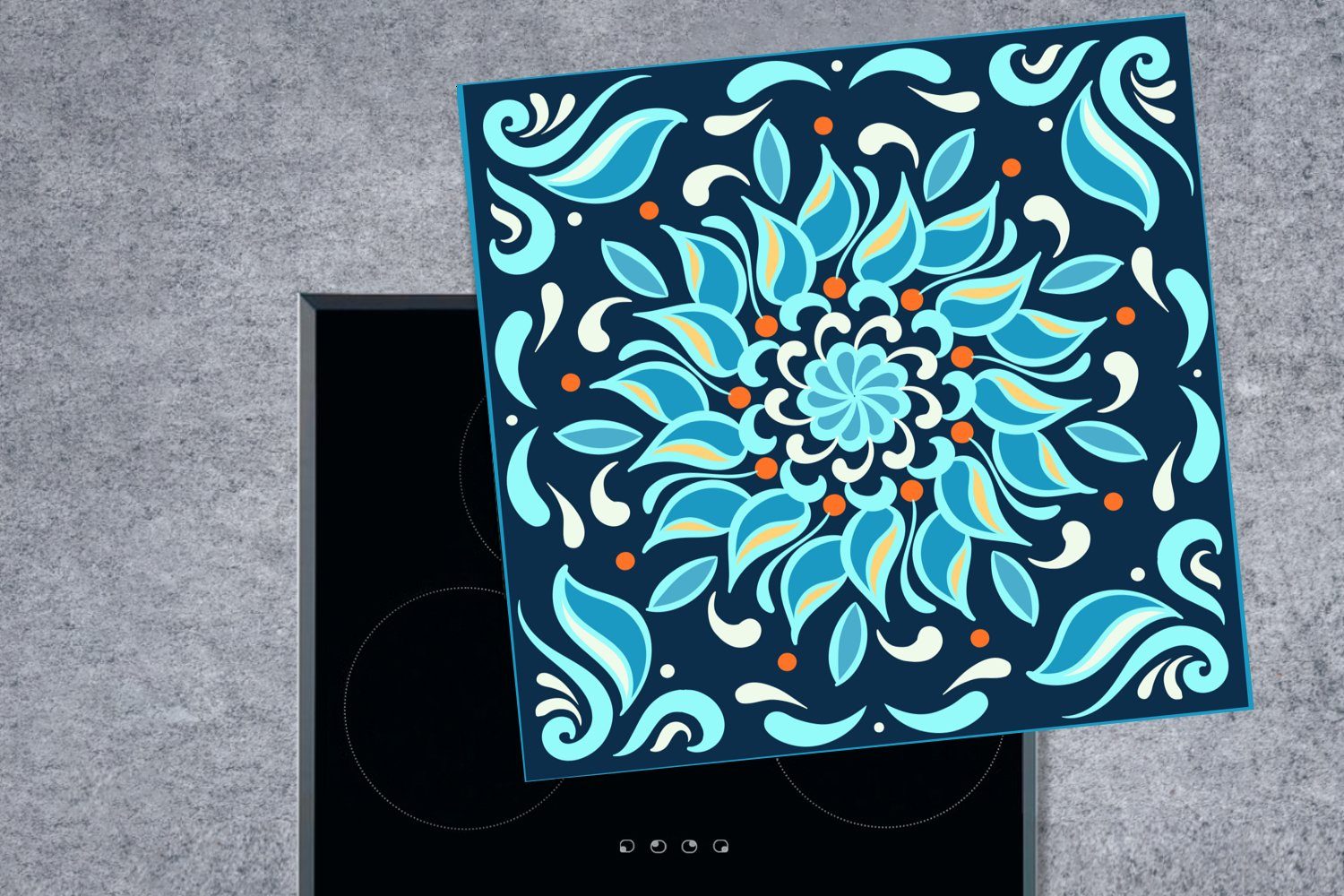 Herdblende-/Abdeckplatte Ceranfeldabdeckung, (1 - Vinyl, für tlg), Quadratisch 78x78 Arbeitsplatte - MuchoWow - küche Blau cm, Muster, Blume