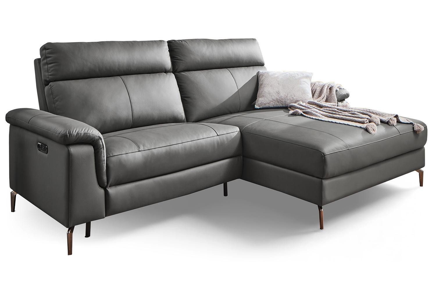 casa NOVA Ecksofa CANADA, Grau, Leder, Metall, elektr. Relaxfunktion, USB-A- und C-Anschluss, B 240 x T 162 cm
