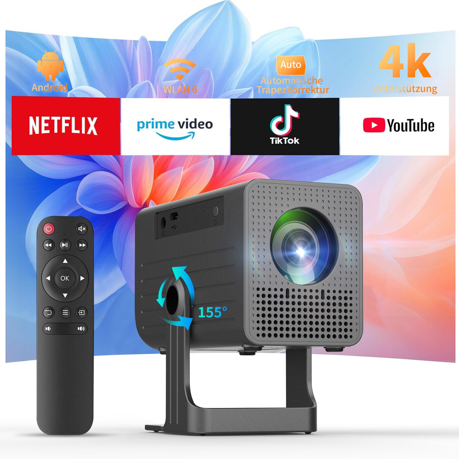 Rayofi Mini Проектори Ultra HD 4K, Integrierte App,Wifi 6, BT 5.4 Projektor, Міні-проектор (12000 lm, 8000:1, 3840 x 2160 px, KI-Auto-Keystone, 180°Dreh, Tragbarer Проектори Heimkino mit TV Stick)