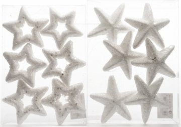 Kaemingk Christbaumschmuck 12x Christbaumsterne 8cm Sterne Weiß Silber, Glitzer Flakes Kunststoff Schaum