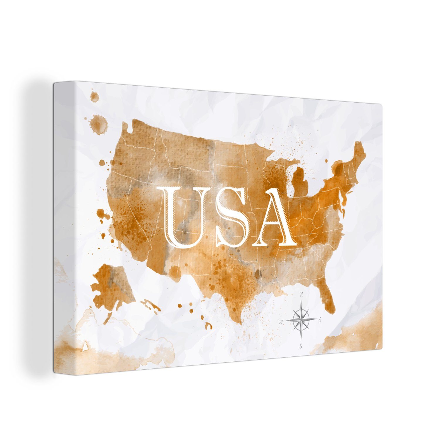 OneMillionCanvasses® Leinwandbild Karte - Amerika - Gold, (1 St), Wandbild Leinwandbilder, Aufhängefertig, Wanddeko, 30x20 cm