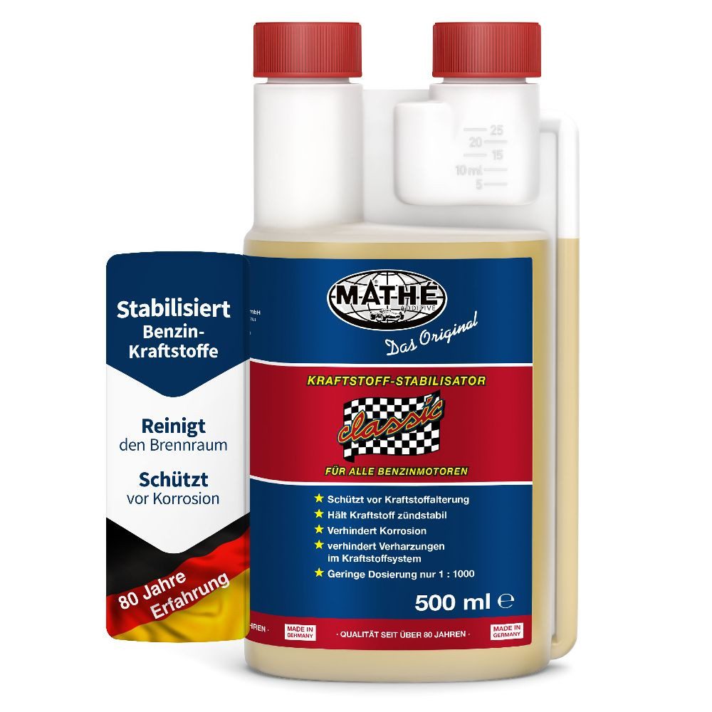 MATHY Benzin-Stabilisator MATHÉ Classic Kraftstoff-Stabilisator 500 ml, 0,5 l, (1-St) Benzin-Systemreiniger & Korrosionsschutz für ältere Motoren