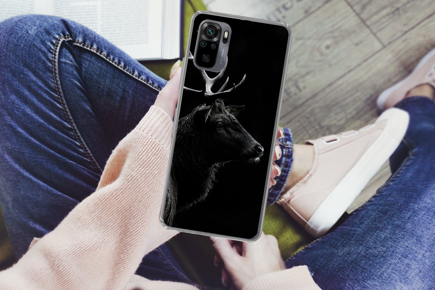 MuchoWow Handyhülle für Xiaomi Redmi Note 10S Hirsch - Schwarz - Porträt - Geweih - Tiere, Phone Case, Silikon, Schutzhülle Dünn