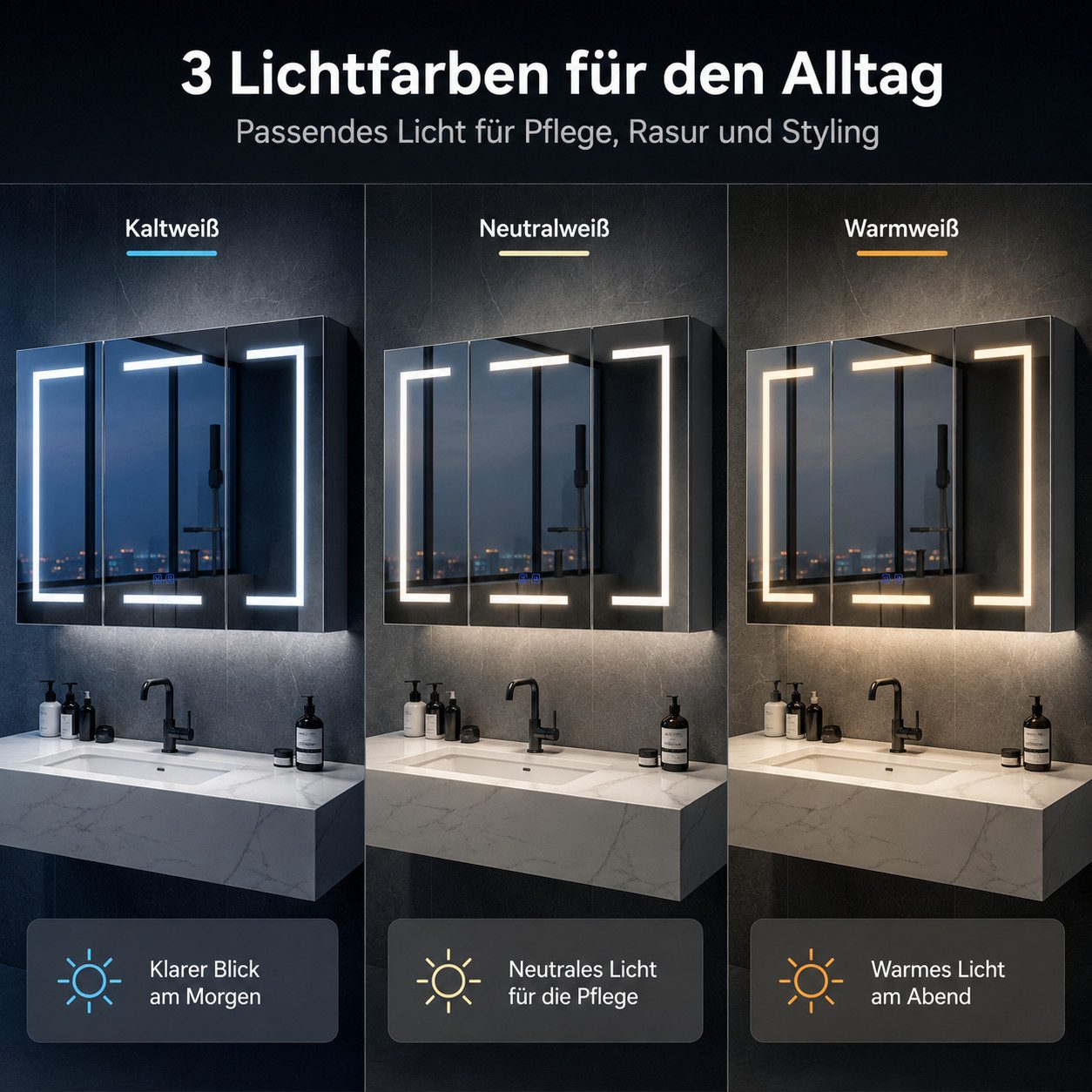Simurq Badezimmerspiegelschrank LED-Spiegelschrank 100 × 60 cm, 3-türig, 3 Lichtfarben, Anti-Beschlag (Einzelartikel, 1-St., 1 Spiegelschrank) 3 Lichtfarben, Tissue-Auszug