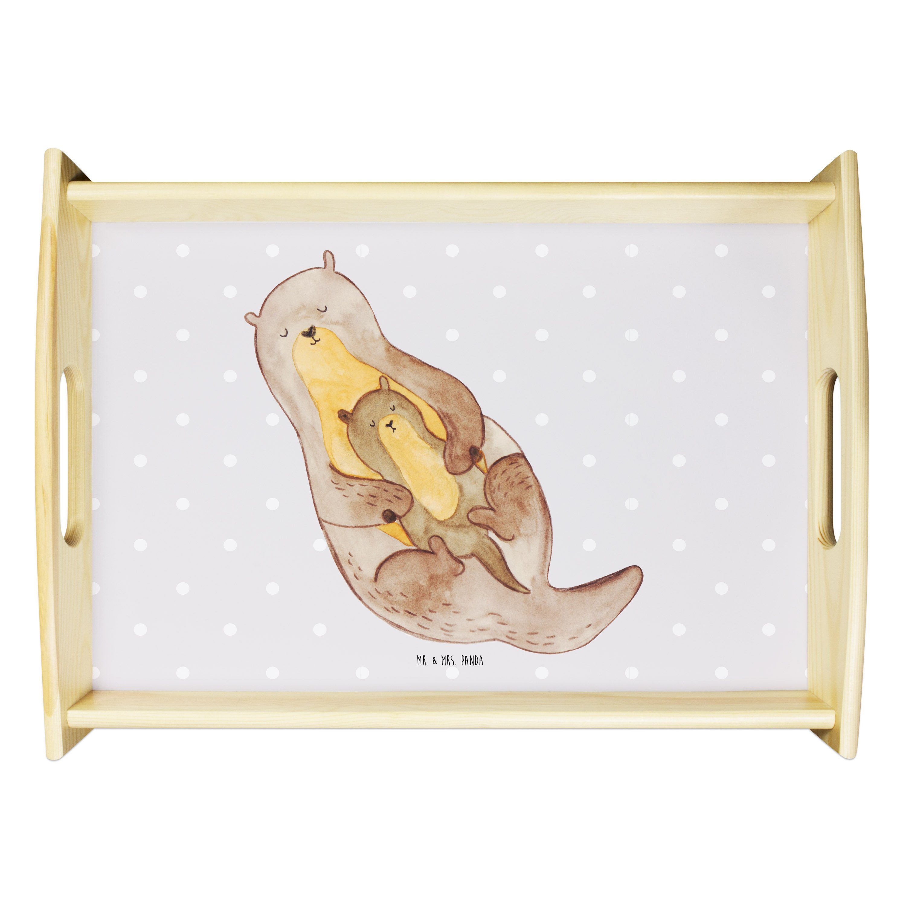 Mr. & Mrs. Panda Tablett Otter mit Kind - Grau Pastell - Geschenk, Baby, Frühstückstablett, Fi, Echtholz lasiert, (1-tlg)