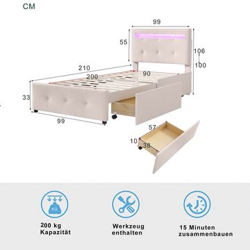 OKWISH Bett Kinderbett Jugendbett Gästebett Polsterbett (mit LED-Leuchten, 2 Schubladen, hautfreundlicher Leinenpolsterung flach), 200x90cm, Ohne Matratze