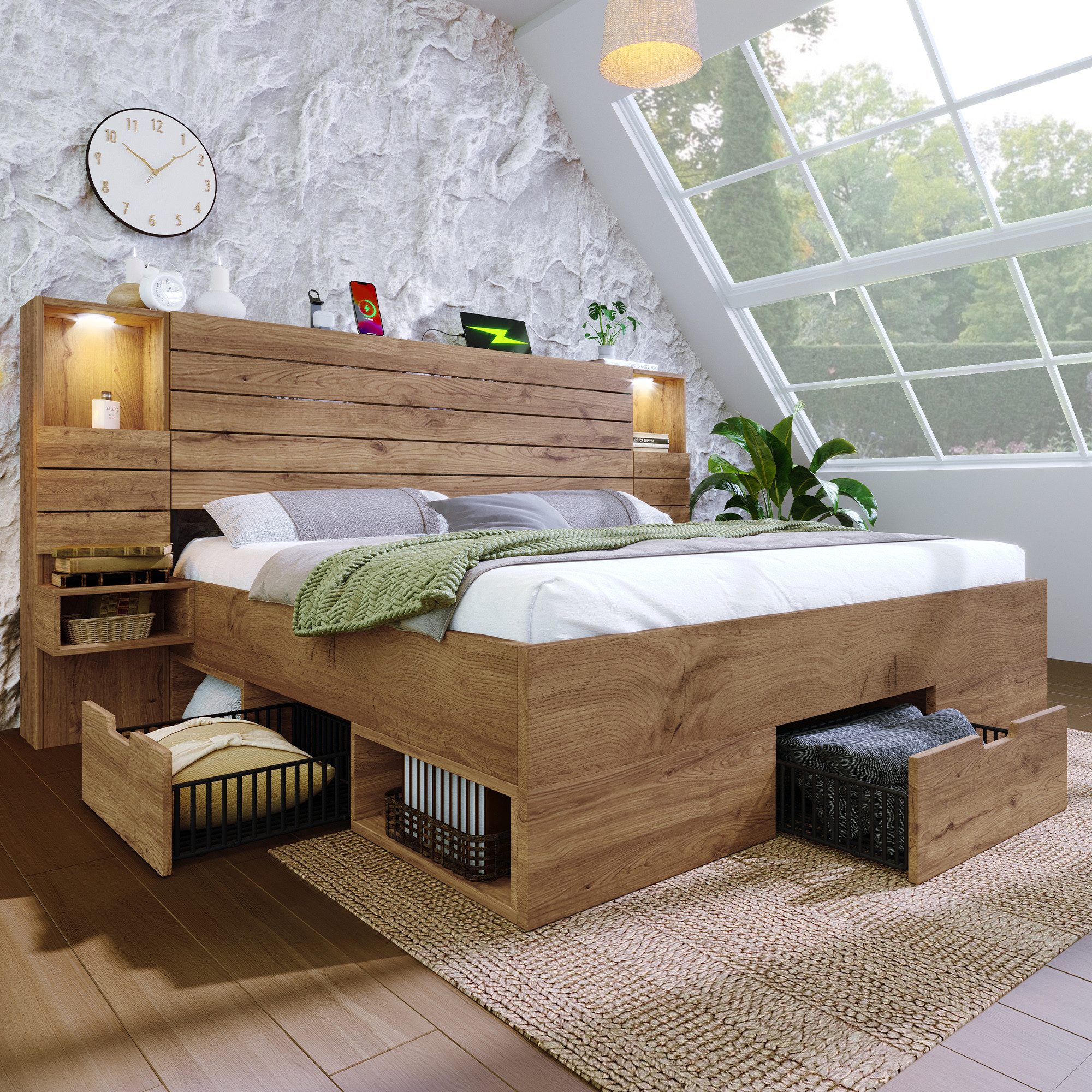 HAUSS SPOLE Holzbett 160×200 mit LED-Downlights und USB Stauraum-Unterbett und Schubladen (Doppelbett, Funktionsbett, mit Open Headboard Shelves und Floating Bedside Tables), mit 4 offenen Seitenfächern und 3 Schubladen (ohne Matratze)