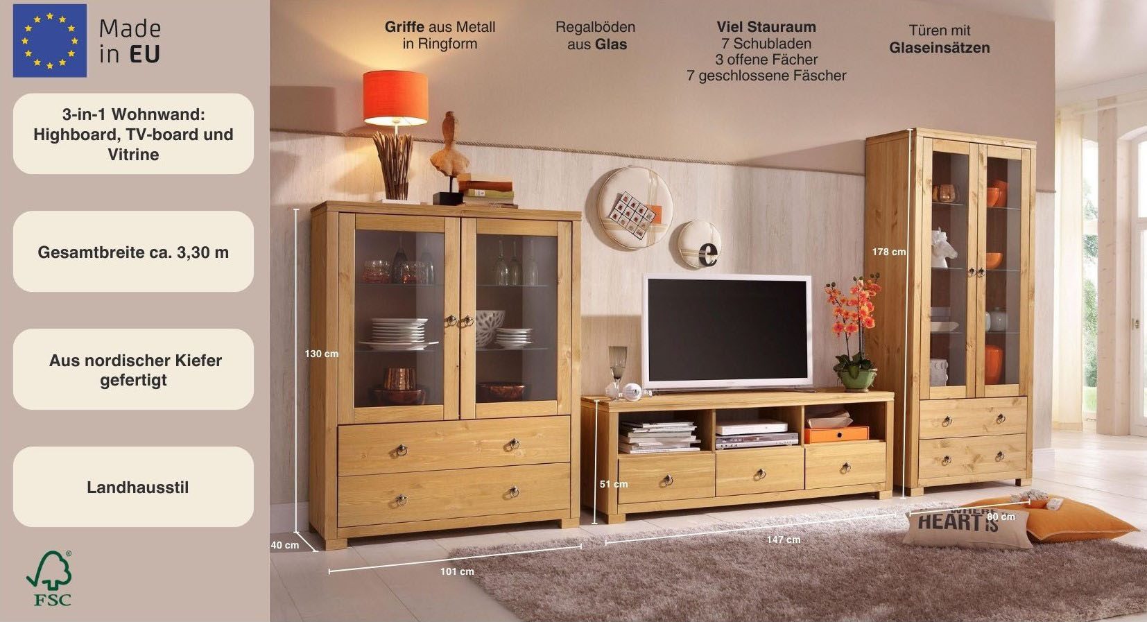 Home affaire Wohnwand "Gotland", (Set, 3 St.), bestehend aus 1 Highboard, 1 günstig online kaufen