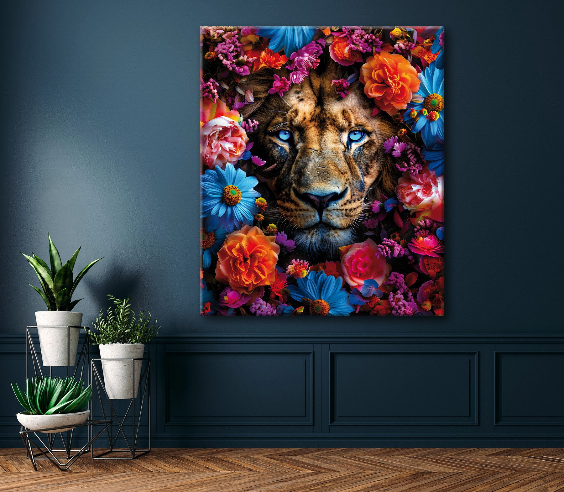Bönninghoff Leinwandbild Wandbild LÖWE BLUMENKRANZ XXL 118x140 cm – Leinwandbild Keilrahmen, Blumen, Blumenbilder, Kunst, Löwe, Löwen, Pflanzen, Pflanzenbilder, – Bild 2 von 5