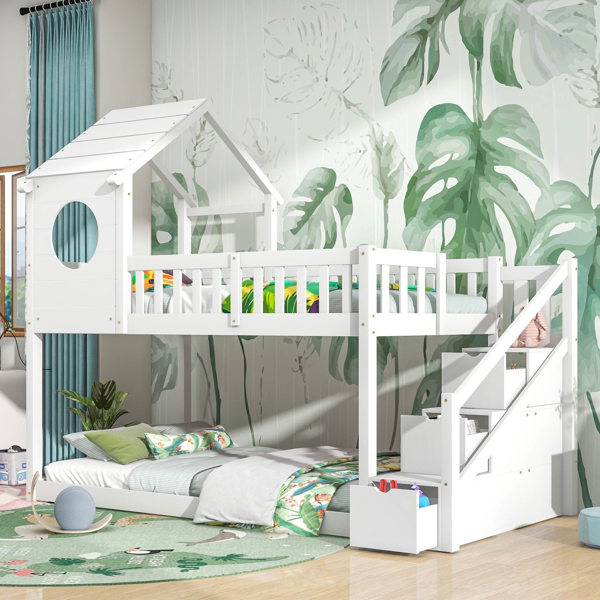OKWISH Etagenbett Doppelbett, Kinderbett in Hausform (90 x 200 cm, ohne Matratze, weiß), Leiterschrank, Kiefernholz Haus Bett for Kids