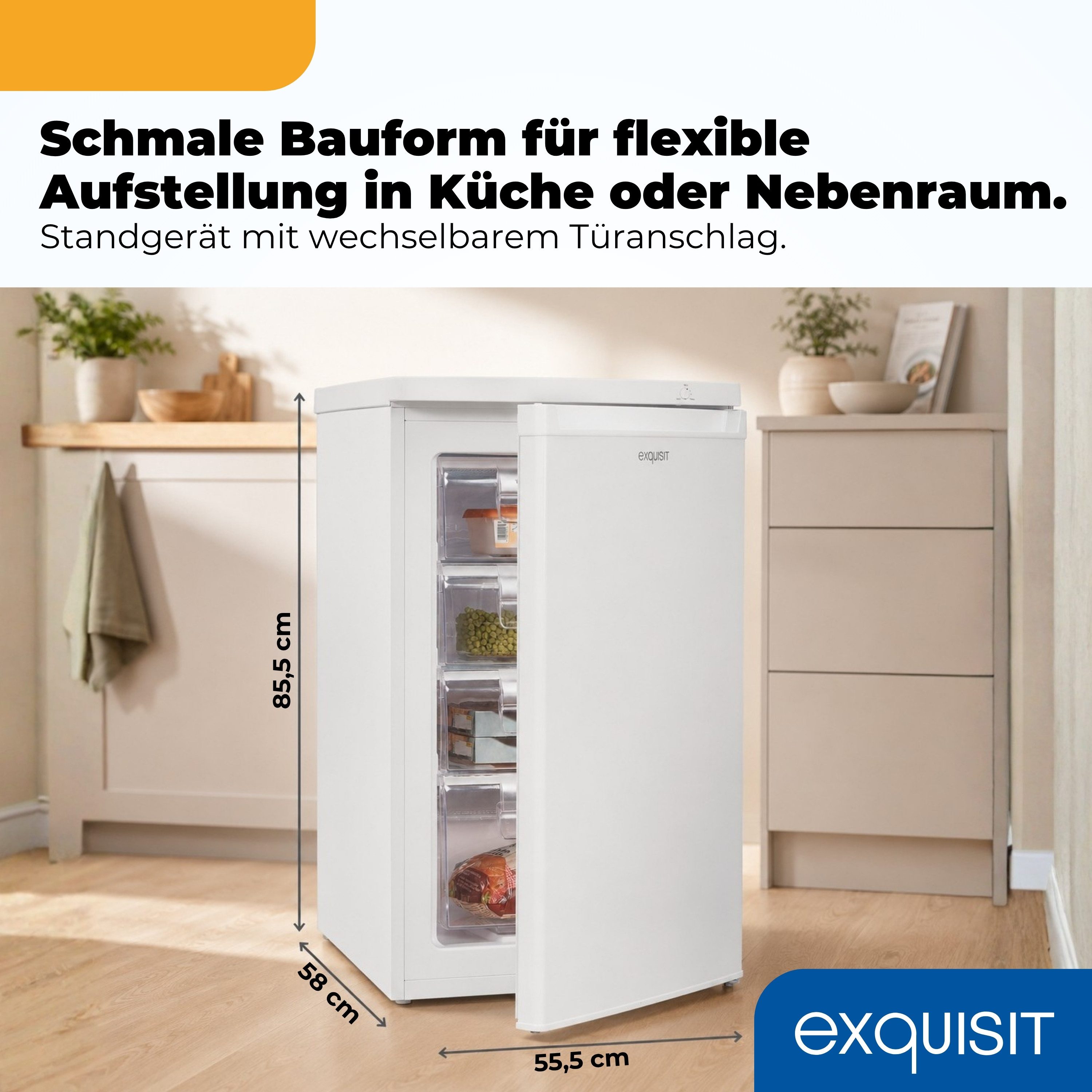 exquisit Gefrierschrank GS512-040E, 85.5 cm hoch, 55 cm breit, 91 l Nutzinhalt, 4 Gefrierschubladen, 40 dB Geräusch, Geräuschklasse C