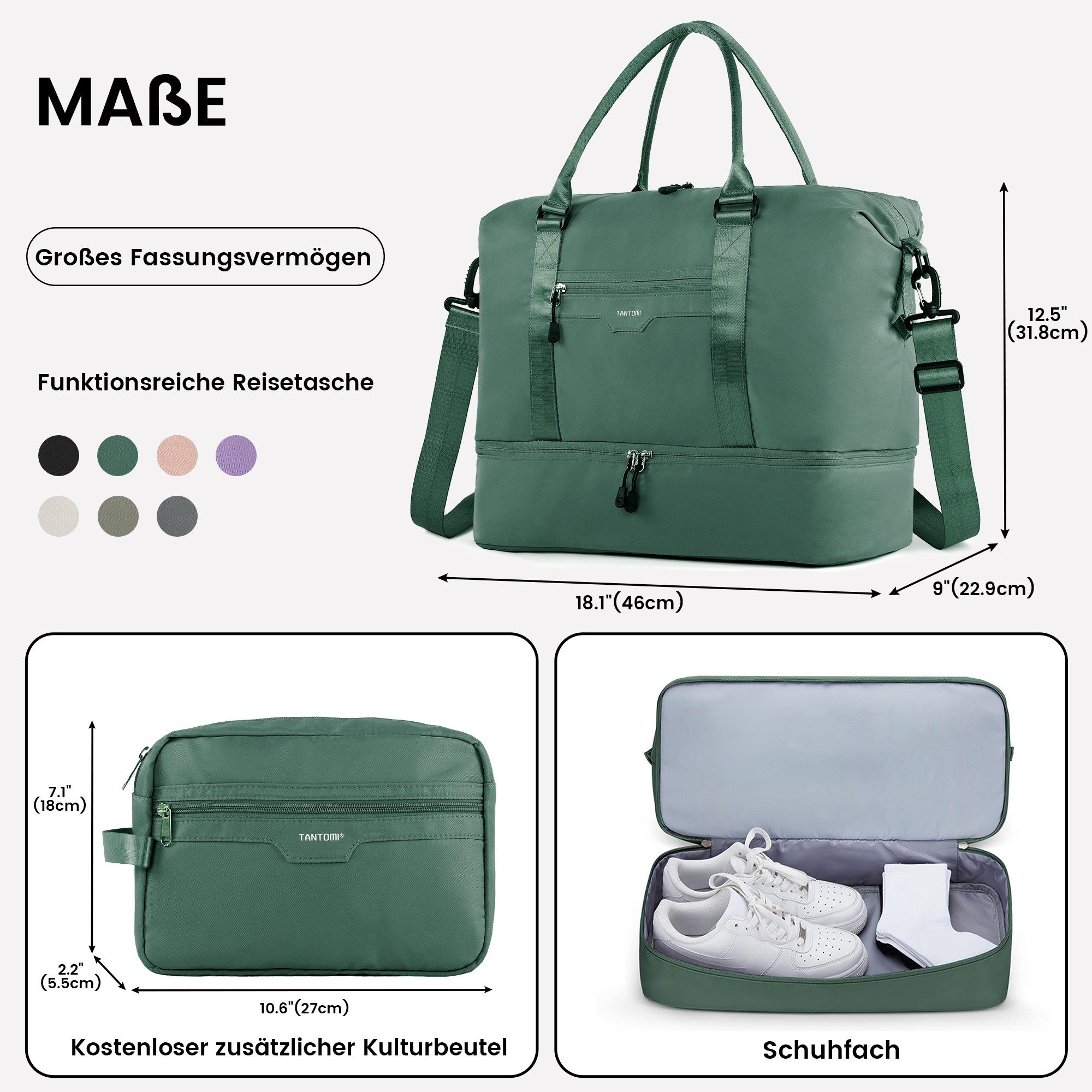 TANTOMI Reisetasche Erweiterbares Reisetasche mit Schuhfach & Kulturbeutel (46x23x32 Handgepäck), Nassfach, Wasserdicht Travel Bag Fitnesstasche Trainingstasche – Bild 4 von 5