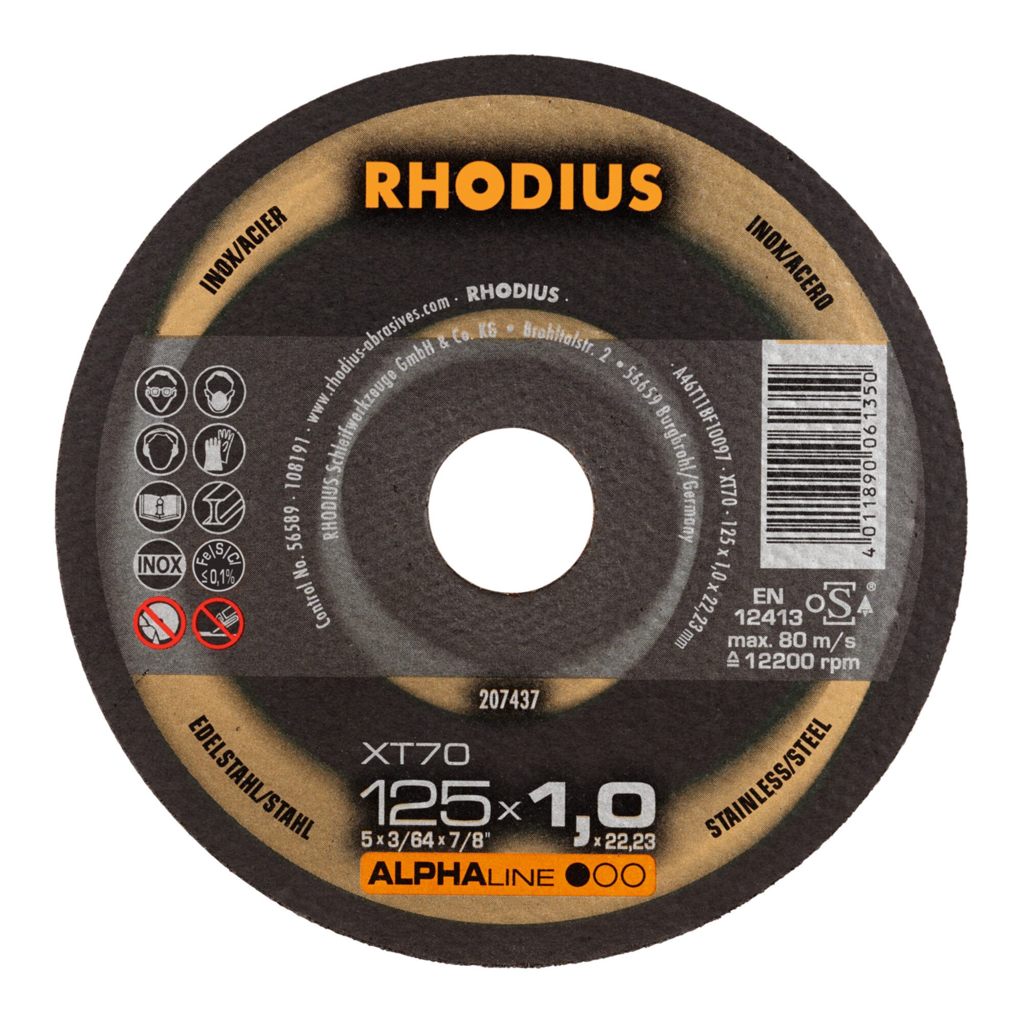 Rhodius Trennscheibe RHODIUS ALPHAline XT70 PACK Extradünne Trennscheibe 125 x 1,0 x 22,23