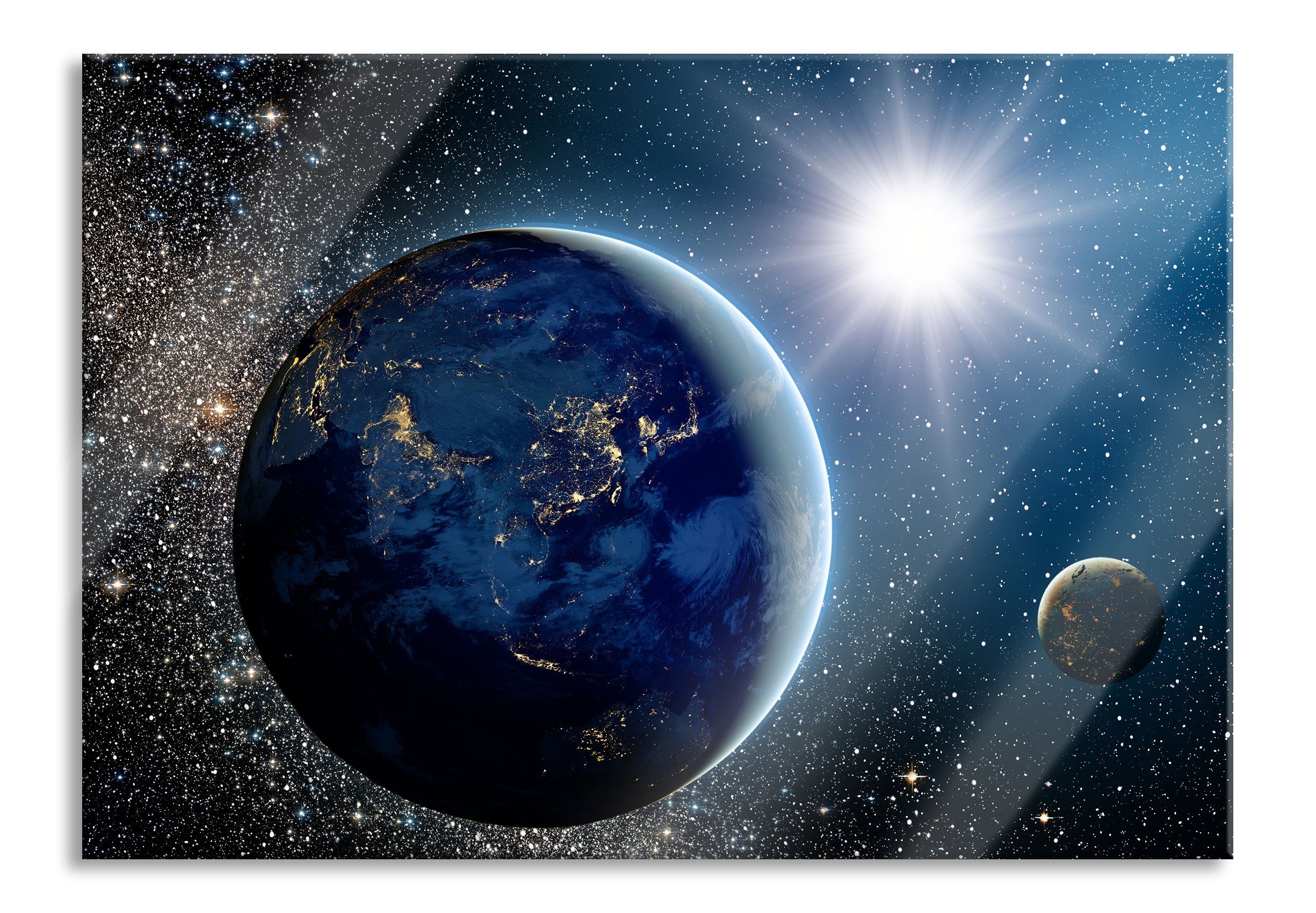 Aufhängungen Erde Glasbild inkl. St), Glasbild Weltall, im Echtglas, Erde und Pixxprint aus Weltall (1 im Abstandshalter