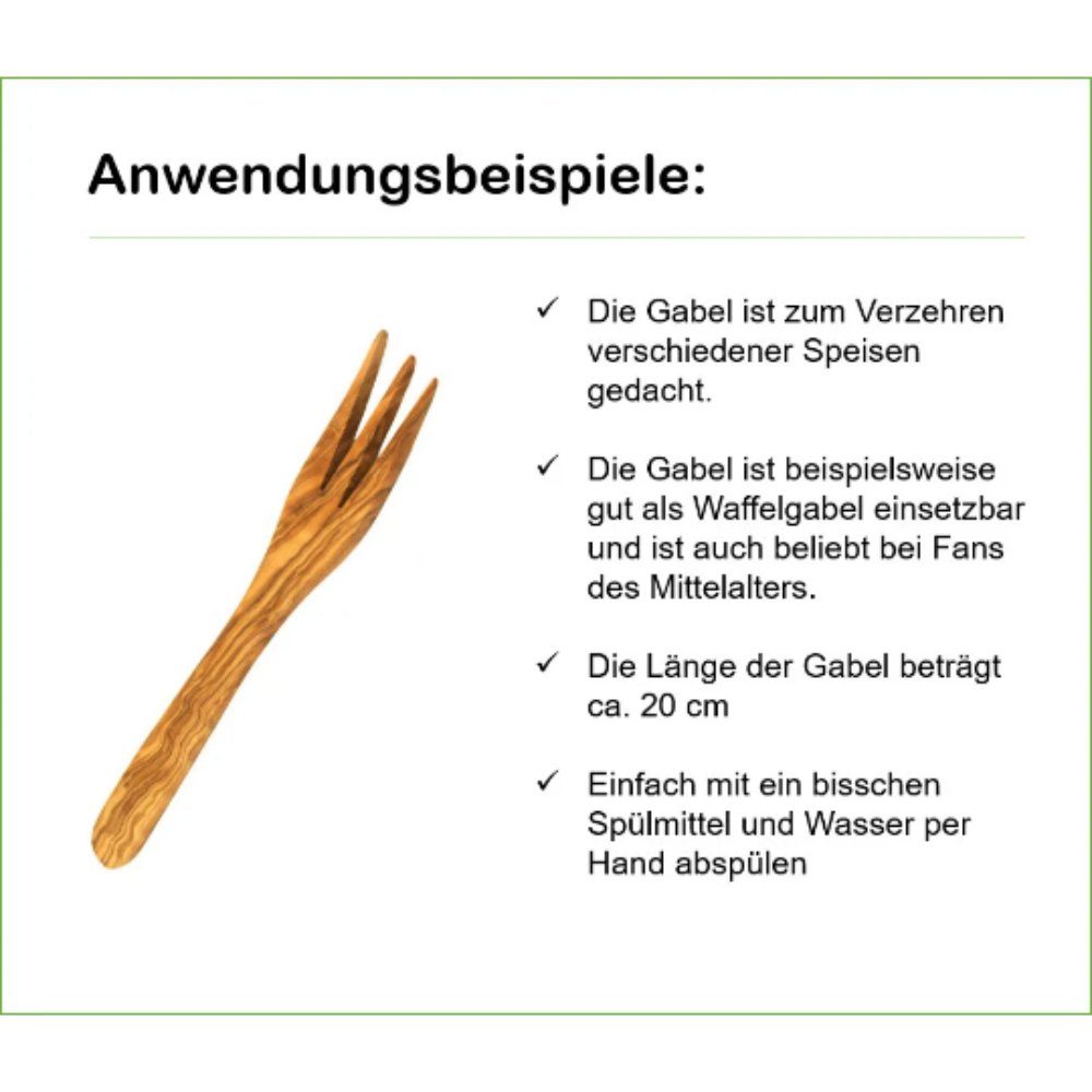 Olivenholz-erleben Tafelgabel 3-zackige Gabel (20 cm) aus Olivenholz (1 Stück), antibakterielle Wirkung langlebig