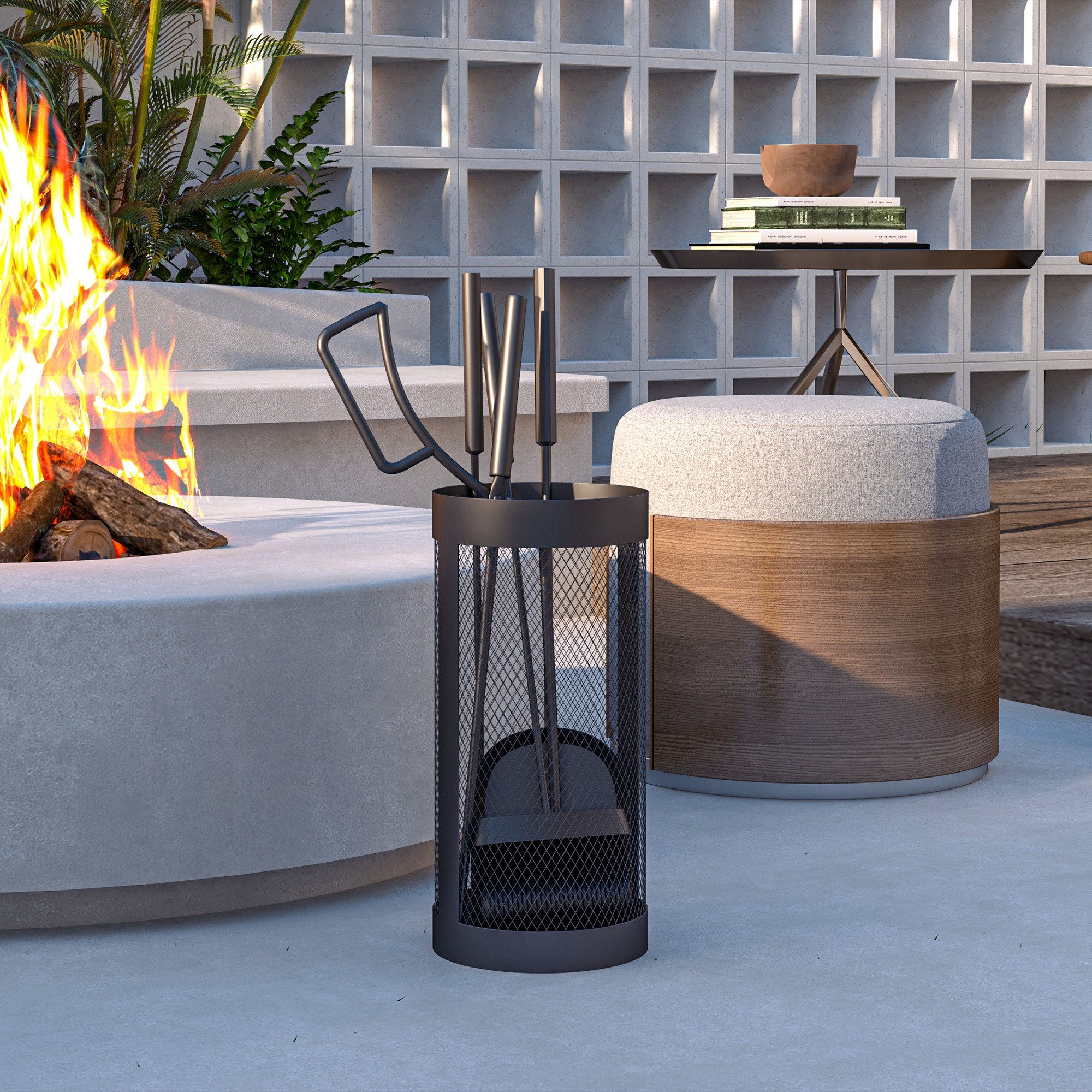 Outsunny Kamingitter 5-teilig Kaminbesteck Set mit Besen, Schaufel, Zange, Schürhaken, Korb (Kamingarnitur, 5-tlg., Kaminzubehör), Metall, Schwarz