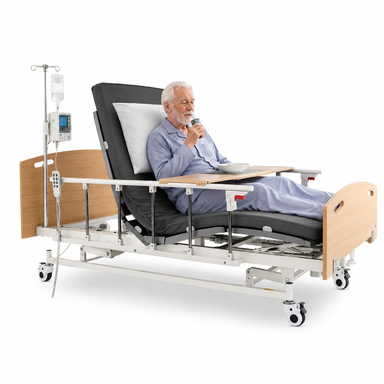Vankel Bett Elektrisches Pflegebett mit 4 Funktionen, Matratze & max.205kg (Seitenschutz und Lattenrost inklusive, elektrisch verstellbar), mit Fernbedienung, Seitengittern, Tischplatte & Infusionsständer