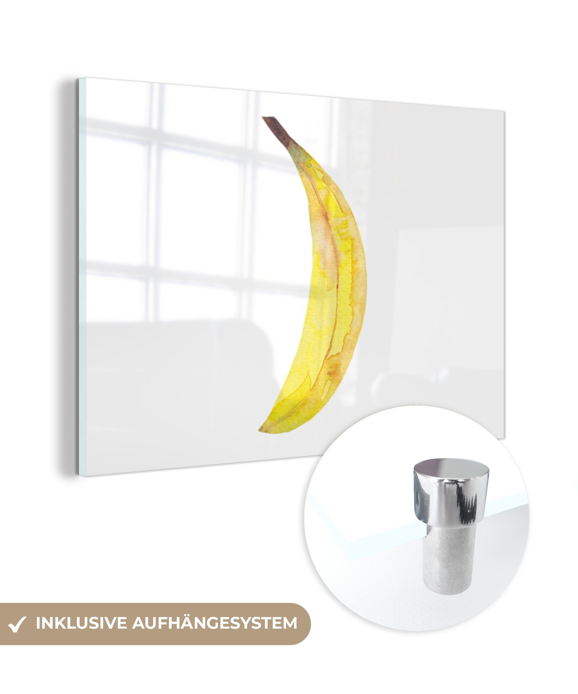 MuchoWow Acrylglasbild Banane - Aquarell - Weiß, (1 St), Glasbilder - Bilder auf Glas Wandbild - Foto auf Glas - Wanddekoration