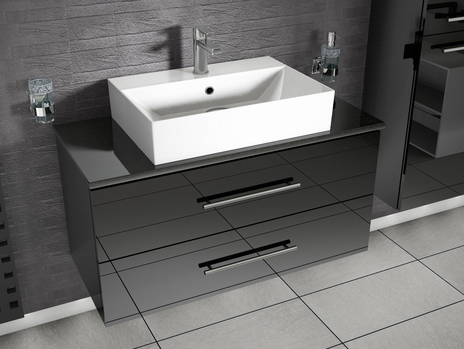 Aqua Bagno Badmöbel-Set Badmöbel-Set 80 cm in Weiß Hochglanz mit Eicheplatte & Rundbecken, (3-St., Badmöbelschrank mit Trägerplatte, Waschbecken), einfache Montage