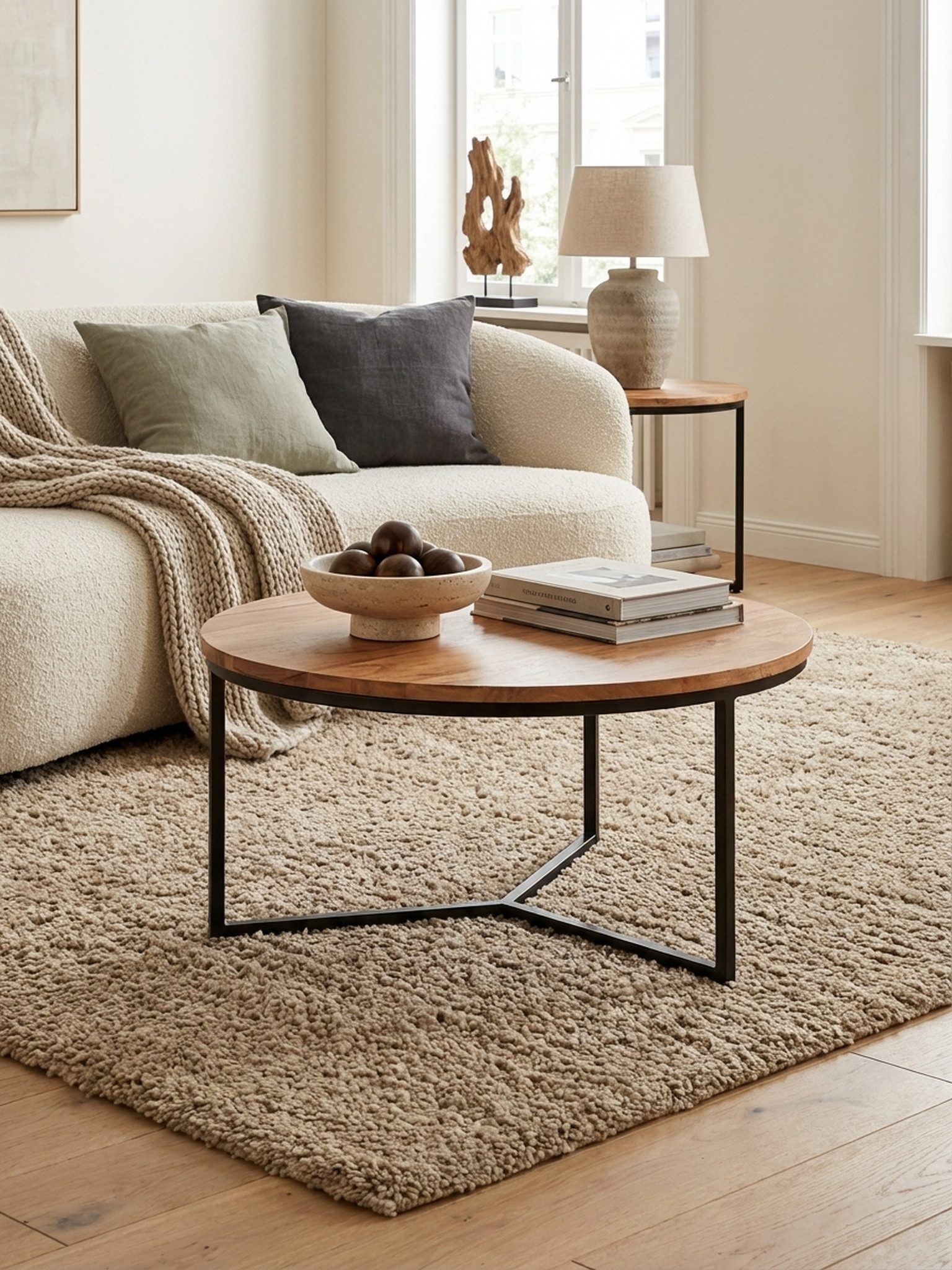 KADIMA DESIGN Couchtisch Couchtisch 60x60x38 cm Akazie Massivholz / Metall Design Sofatisch, Rund, Wohnzimmertisch Kaffeetisch Massiv, Kleiner Tisch Wohnzimmer
