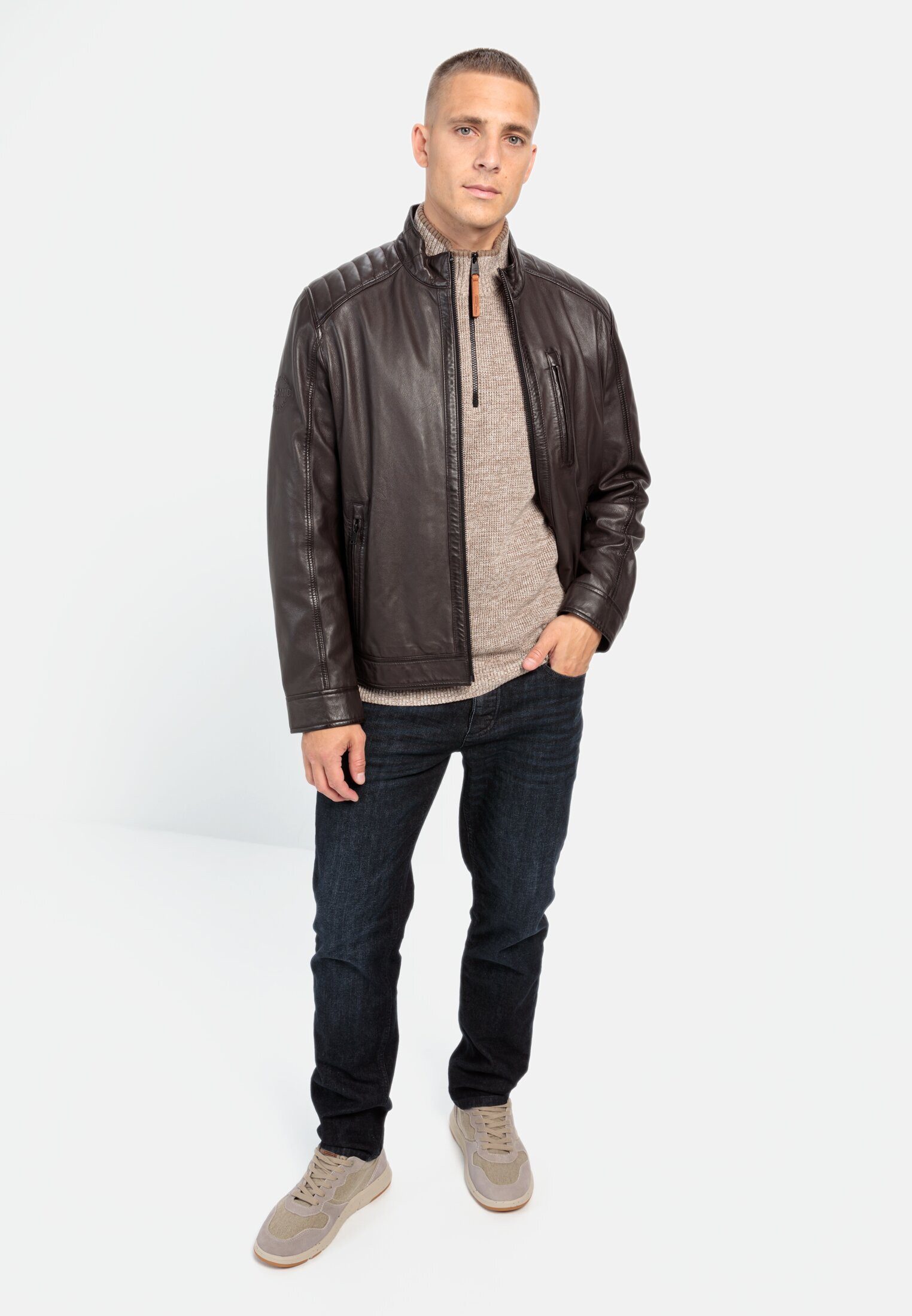 camel active Lederjacke mit Stehkragen Langarm