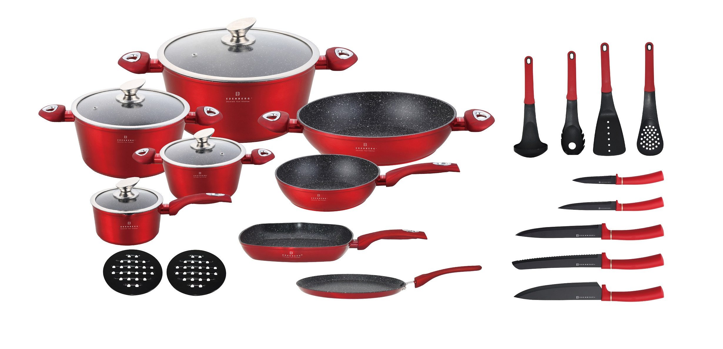 Edenberg Topf-Set 23 tlg, Modernes Topfset mit Pfannen in elegantem, intensivem Rot, Aluminium, Aluminiumguss, Edelstahl (Gönnen Sie sich dieses elegante Premium-Kochgeschirr-Set in strahlendem Rot und genießen Sie Qualität, Stil und Kochkomfort auf höchs