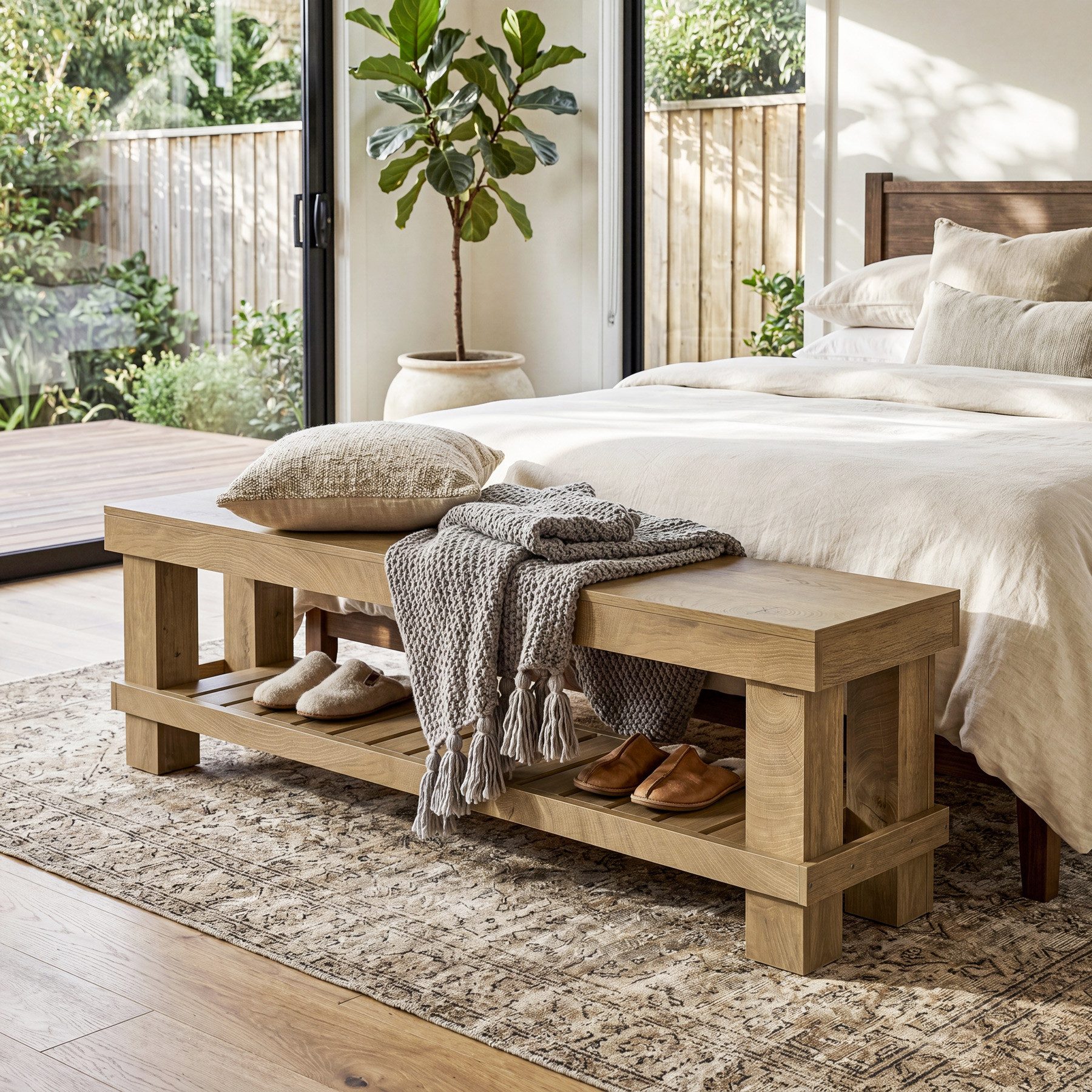 Tribesigns Schuhbank 160 cm lange Eingangsbank im Landhausstil mit Lattenablage (lange Sitzbank aus Holz mit Stauraum für Flur, Garderobe, Schlafzimmer, Wohnzimmer und Esszimmer, Eiche natur)