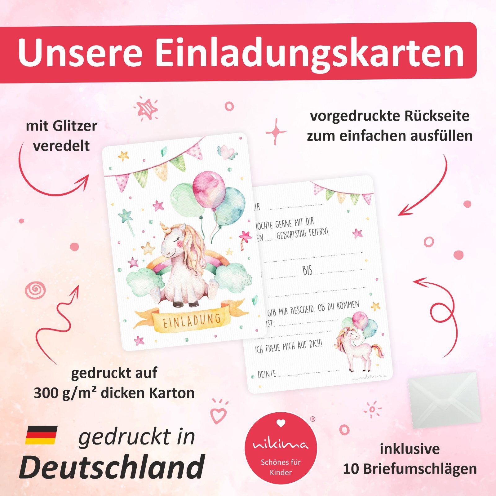 nikima Einladungskarten 10 Klapp-Einladungskarten Dreiecke Glitzer inkl. Umschlag