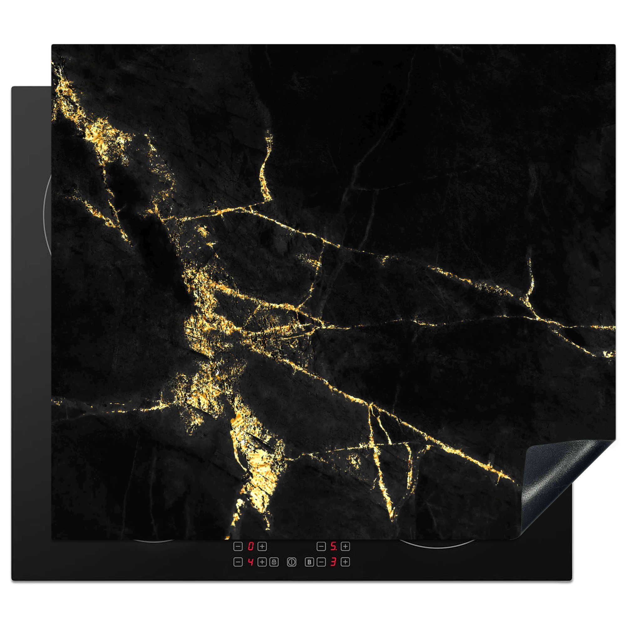 MuchoWow Herd-Abdeckplatte Marmor - Schwarz - Gold - Luxus, Vinyl, (1 tlg), Ceranfeldabdeckung Küche, Herdabdeckplatte Einteilig, 59x51 cm