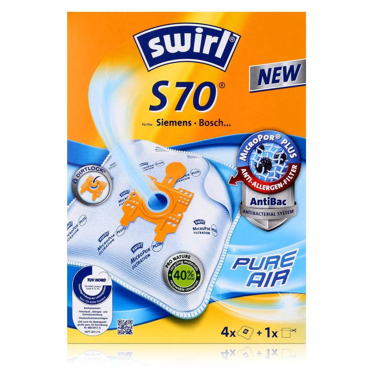 4er- Filter S Beutel Lieferumfang 70 und für + Swirl Pack, MicroPor Swirl® Siemens 1 x Staubsaugerbeutel Staubsaugerbeutel bestueckt : 4 - Bosch,