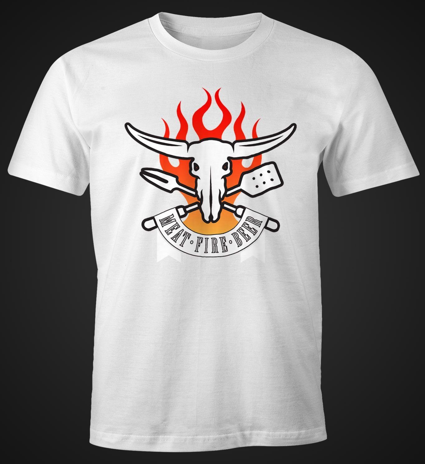 Fun-Shirt Print Fire MoonWorks Herren mit Print-Shirt Meat Moonworks® weiß Beer T-Shirt