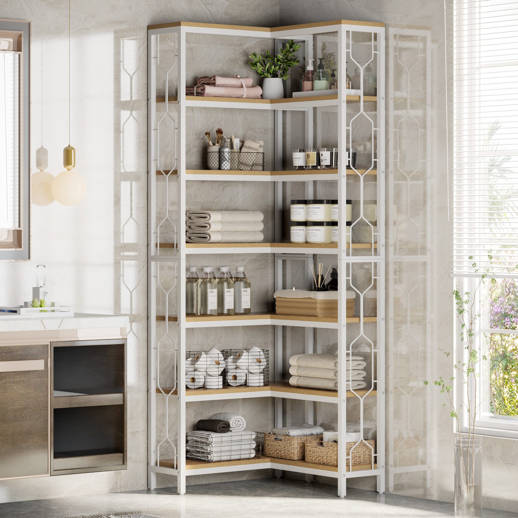 Tribesigns Eckregal 7-stöckiges industrielles Eck-Bücherregal, Holz und Met günstig online kaufen