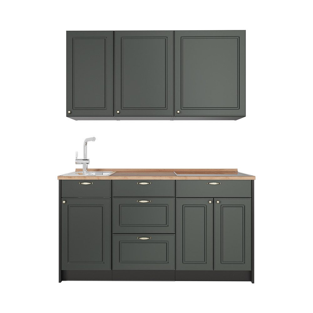 Vicco Küchenzeile Fame-Line, Grün-Gold Landhaus/Anthrazit, 150 cm, AP Eiche