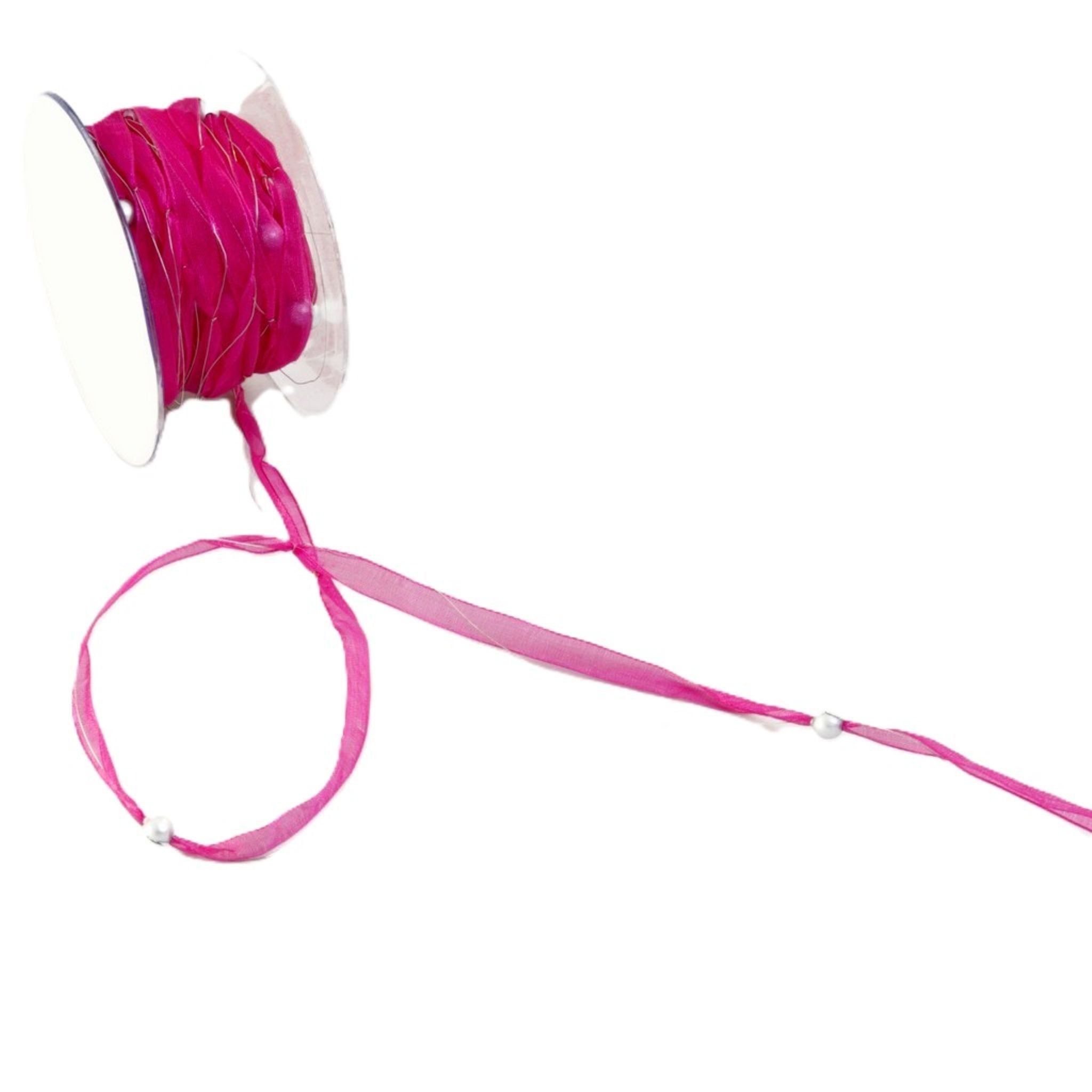 Deko AS Geschenkband Schmales Organzaband Perlen - pink-silber -10mm - 10m - 97562 38, mit Draht verstärkt