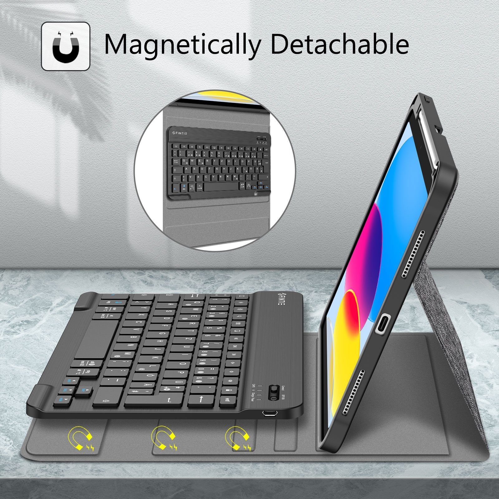 Fintie für iPad 11. Generation 11" 2025(A16), iPad 10. Generation 2022 10.9" Apple-Tastatur (Case mit Pencil Halter, magnetisch Abnehmbarer Tastatur(QWERTZ Layo – Bild 3 von 5