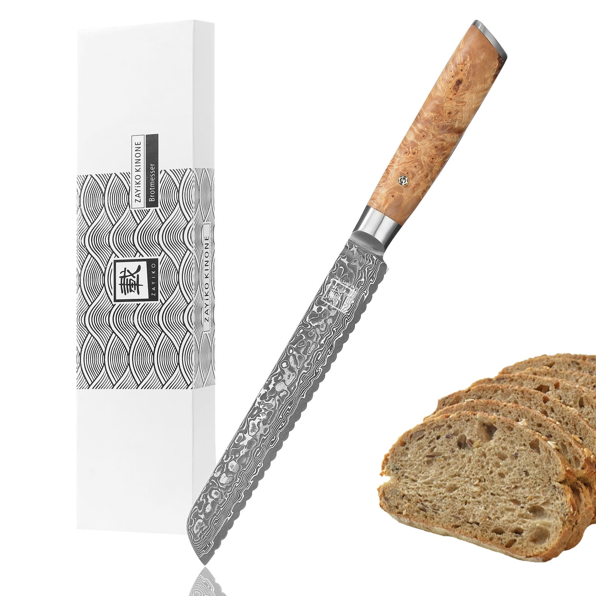 OTTO Brotmesser Kinone Damast Brotmesser mit Wellenschliff Wurzelholzgriff Birke, dunkler Damaststahl