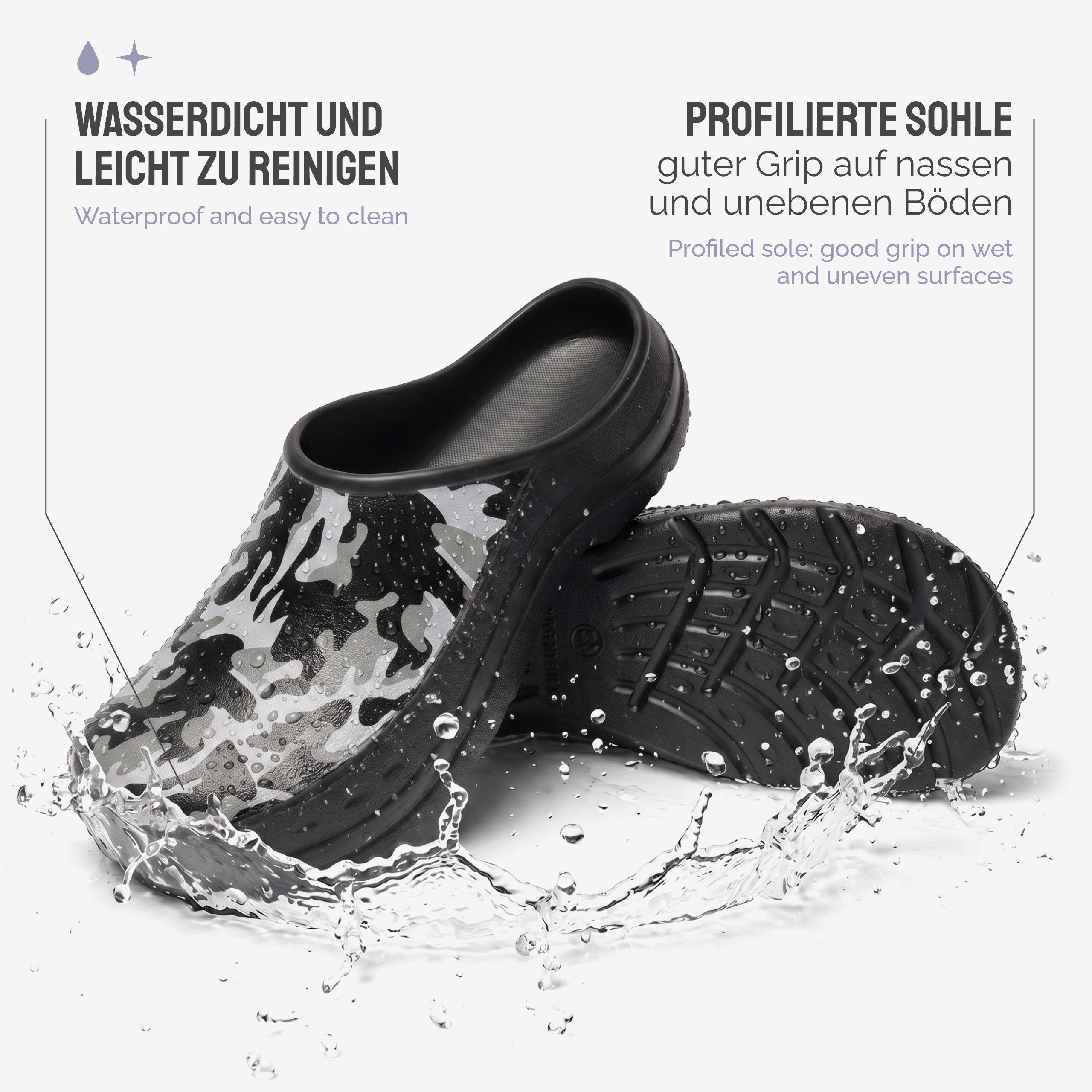 Ladeheid Gartenclogs für Herren Ultraleicht EVA Gartenschuhe LA-CA-26 Clog (40 EU, Schwarz/Weiß Tarnmuster) Wasserdicht & Flexibel – Bild 3 von 5