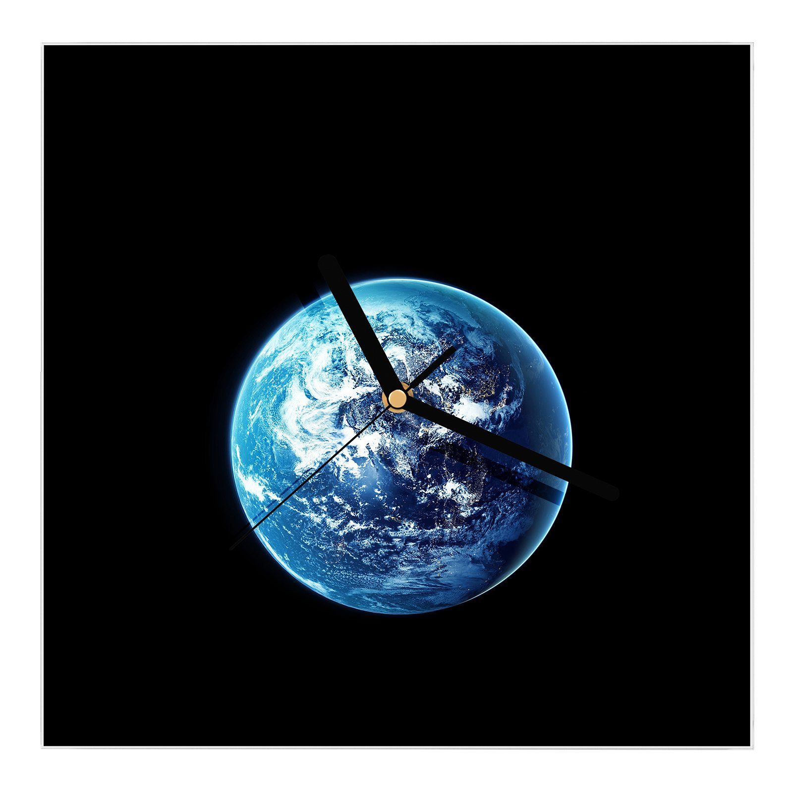 Primedeco Wanduhr Glasuhr Wanduhr Wandkunst Größe 30 x 30 cm mit Motiv Planet Erde