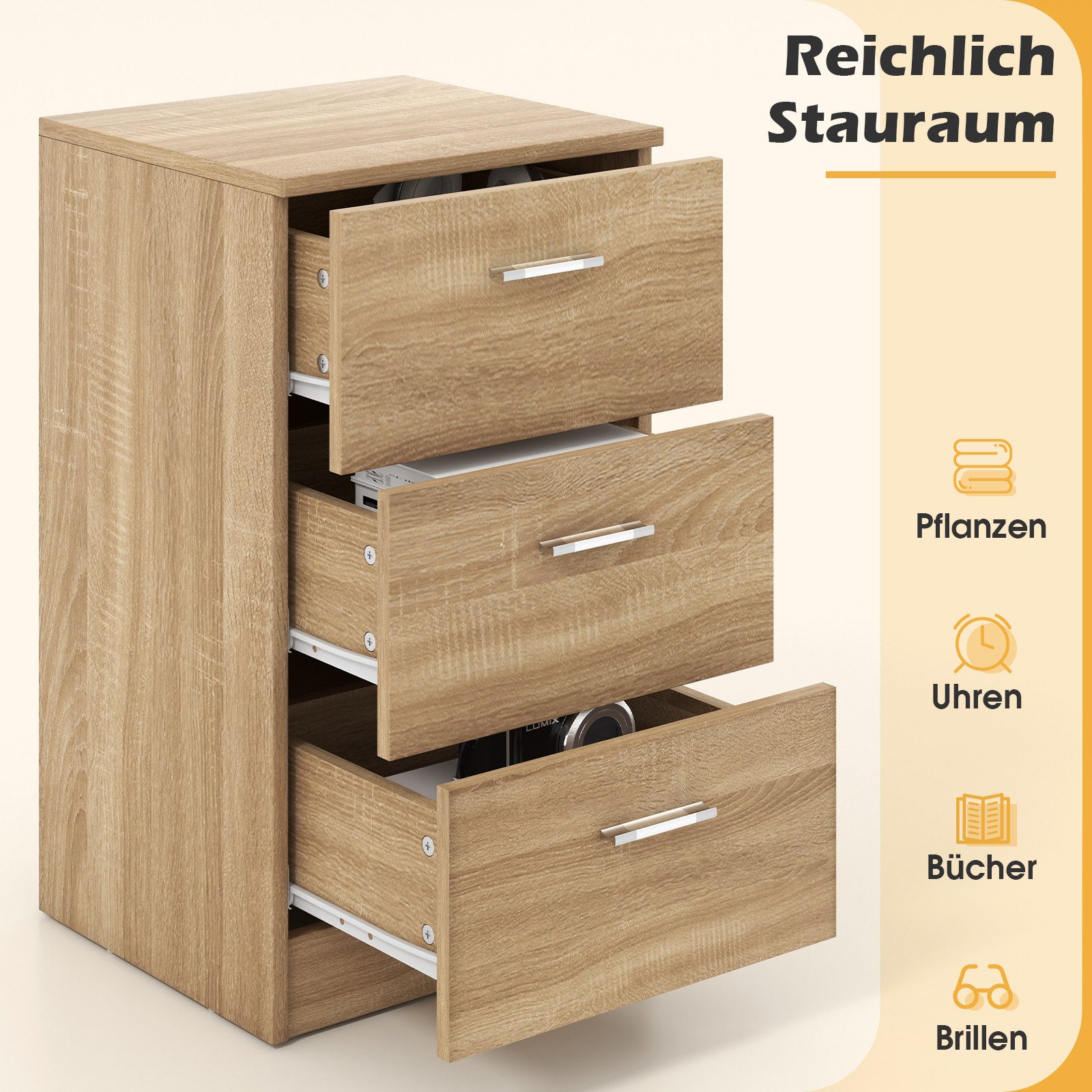 COSTWAY Nachttisch Aktenschrank (1-St), mit 3 Schubladen, Holz, 38x35x66cm – Bild 3 von 5