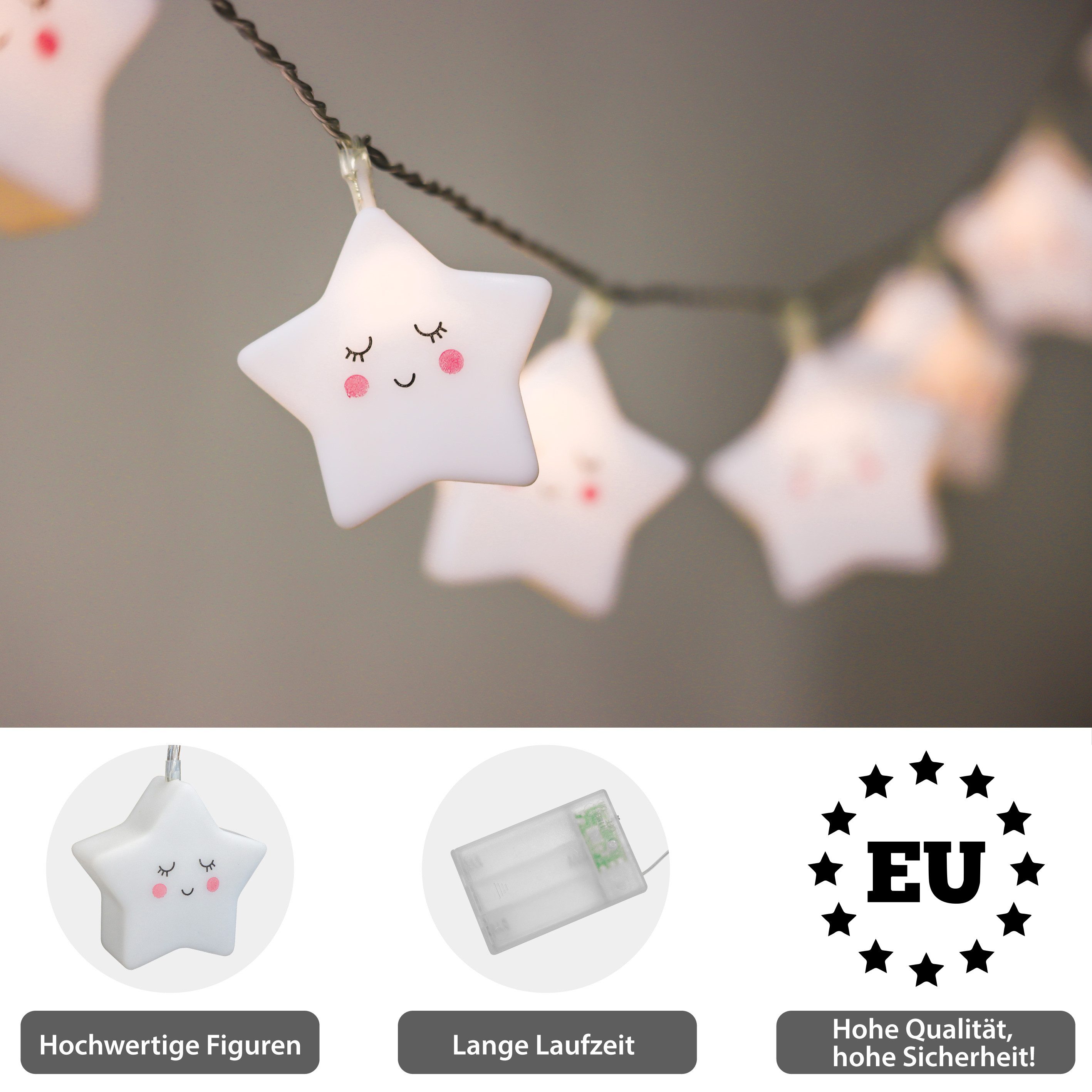 COZY HOME LED-Lichterkette Sternen Batterie und Stecker, 20 LED I 5m I Warmweiße LED-Stern Lichterkette I Kinderbett Bunt Deko – Bild 4 von 5