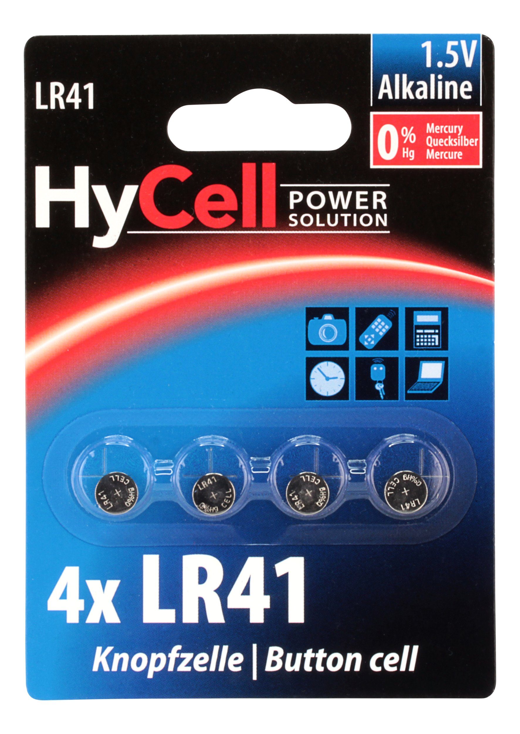 HyCell Alkaline Knopfzellen LR41 1,5V, 4 Stück, für Uhr, Waage uvm Knopfzelle