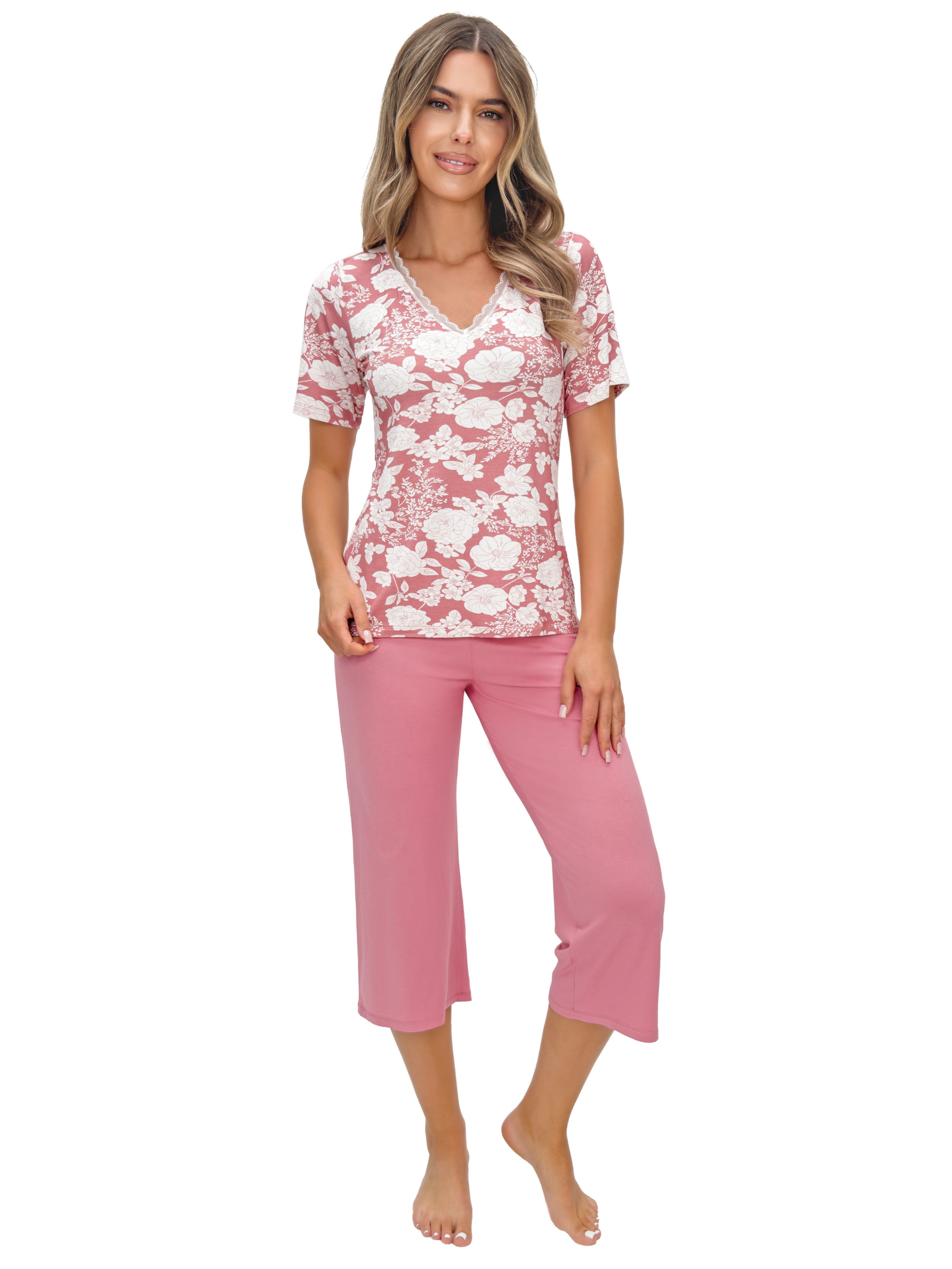 Capri-Pyjama Sommer 3/4 Schlafanzug in altrosa